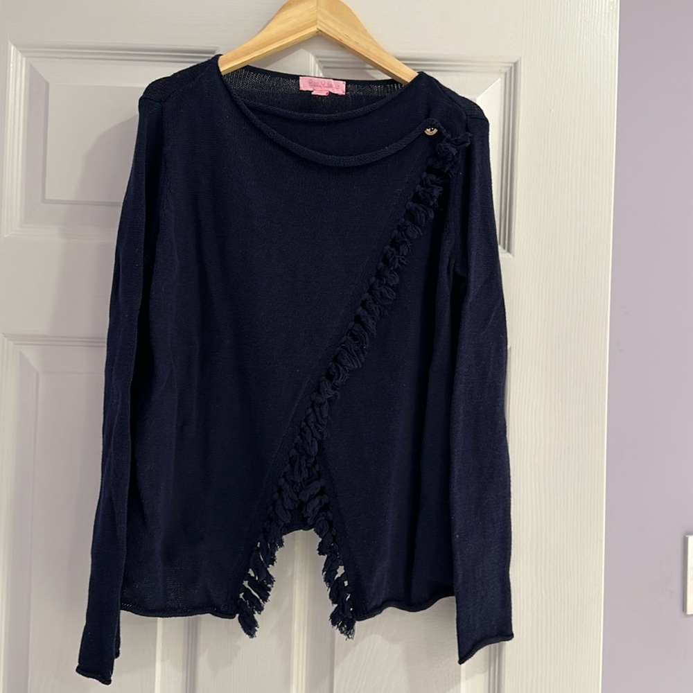 Lilly Pulitzer Girls Navy Fringe Sweater - size XL (12-14)